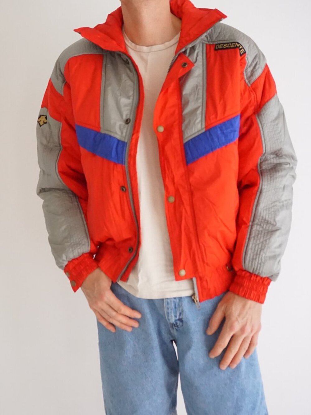 Vintage Descente Red Taupe Colorblock Hooded Ski Snowboard Zip Snap Jacket S
